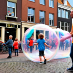 **A street performer with a giant bubble machine in a busy Dutch city square. Children are chasing the bubbles, and adults are looking on in amazement.**