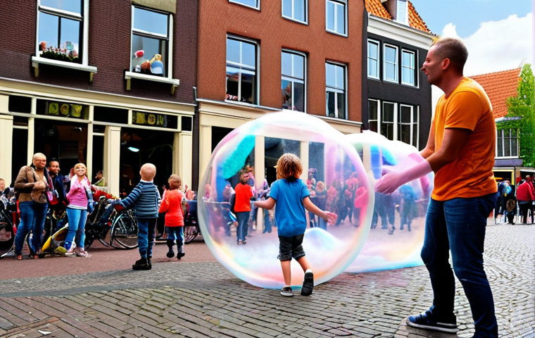 **A street performer with a giant bubble machine in a busy Dutch city square. Children are chasing the bubbles, and adults are looking on in amazement.**