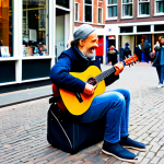 A street musician, fully clothed in modest, comfortable attire, plays an acoustic guitar on a bustling pedestrian street in a vibrant Dutch city, reminiscent of Amsterdam's Kalverstraat. Passersby of diverse ages pause to watch and listen, some smiling and capturing the performance on their smartphones. A small, open instrument case for donations sits on the ground with a subtle, non-distracting QR code visible for digital tips. The scene is illuminated by natural daylight, showcasing the lively urban atmosphere with historic buildings in the background. Perfect anatomy, correct proportions, natural pose, well-formed hands, proper finger count. Professional photography, high quality, vibrant colors, safe for work, appropriate content, fully clothed, family-friendly.