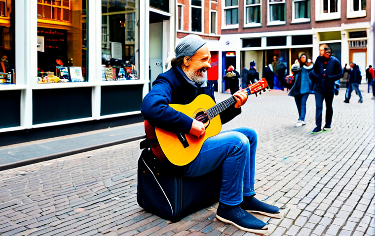 A street musician, fully clothed in modest, comfortable attire, plays an acoustic guitar on a bustling pedestrian street in a vibrant Dutch city, reminiscent of Amsterdam's Kalverstraat. Passersby of diverse ages pause to watch and listen, some smiling and capturing the performance on their smartphones. A small, open instrument case for donations sits on the ground with a subtle, non-distracting QR code visible for digital tips. The scene is illuminated by natural daylight, showcasing the lively urban atmosphere with historic buildings in the background. Perfect anatomy, correct proportions, natural pose, well-formed hands, proper finger count. Professional photography, high quality, vibrant colors, safe for work, appropriate content, fully clothed, family-friendly.
