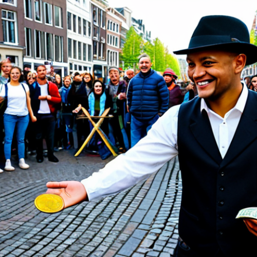 Home 7 A professional male street magician, fully clothed in a modest, dark waistcoat and white shirt, captivating a diverse, smiling crowd with a magic trick on Dam Square in Amsterdam during daylight. An open fedora rests on the cobblestones nearby, containing a mix of Dutch euro coins and a small, visible sign with a QR code for digital tips. The scene emphasizes spontaneous interaction and authentic connection. Perfect anatomy, correct proportions, natural pose, well-formed hands, proper finger count, natural body proportions, safe for work, appropriate content, fully clothed, family-friendly, professional photography, high quality.