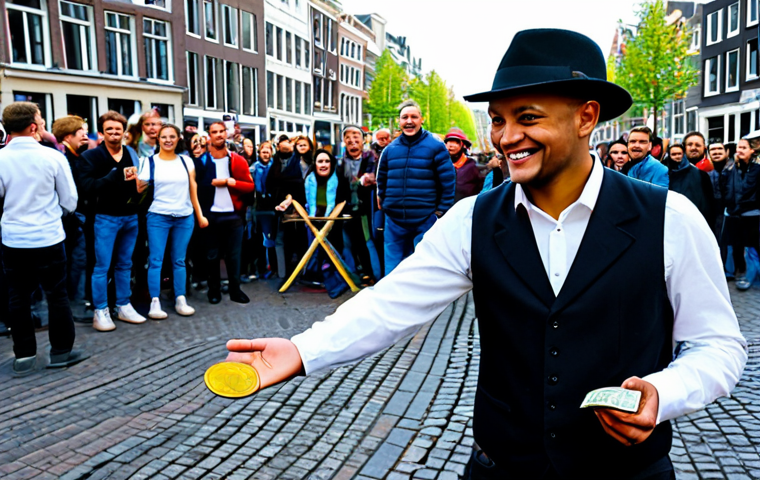 A professional male street magician, fully clothed in a modest, dark waistcoat and white shirt, captivating a diverse, smiling crowd with a magic trick on Dam Square in Amsterdam during daylight. An open fedora rests on the cobblestones nearby, containing a mix of Dutch euro coins and a small, visible sign with a QR code for digital tips. The scene emphasizes spontaneous interaction and authentic connection. Perfect anatomy, correct proportions, natural pose, well-formed hands, proper finger count, natural body proportions, safe for work, appropriate content, fully clothed, family-friendly, professional photography, high quality.