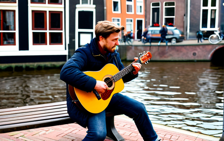 Street Musician and Permits**
"A street musician in Amsterdam, fully clothed in appropriate attire for busking, playing an acoustic guitar near a canal. In the background, a blurred view of people walking by and traditional Dutch houses. A visible sign with local regulations regarding street performances and permits. Safe for work, appropriate content, professional photography, perfect anatomy, natural proportions, family-friendly."
**