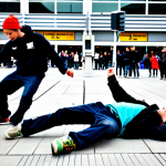 **Image:** A diverse group of fully clothed street dancers performing breakdance in front of the Rotterdam Centraal Station, appropriate attire, safe for work, perfect anatomy, natural proportions, professional photography, high quality.