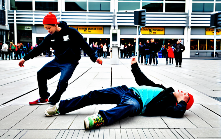 **Image:** A diverse group of fully clothed street dancers performing breakdance in front of the Rotterdam Centraal Station, appropriate attire, safe for work, perfect anatomy, natural proportions, professional photography, high quality.